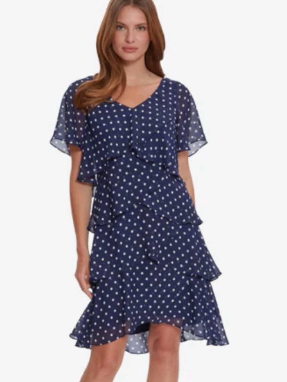 SL Fashions Womens Navy Polka Dot Tiered Shift Party Dress SIZE 10